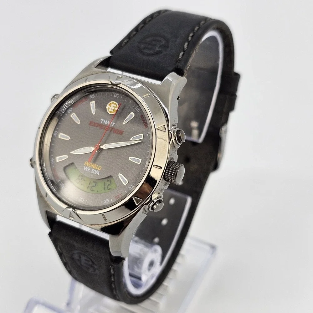 Timex Expedition Ana Dig Men Watch 38MM Dark Gray Dial Leather Bands New Battery